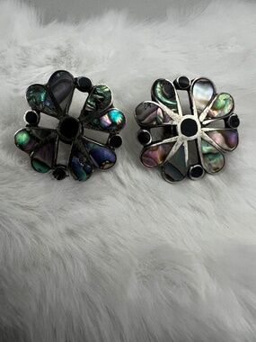 Vintage Sterling Silver Abalone Onyx Taxco Screw Back Earrings